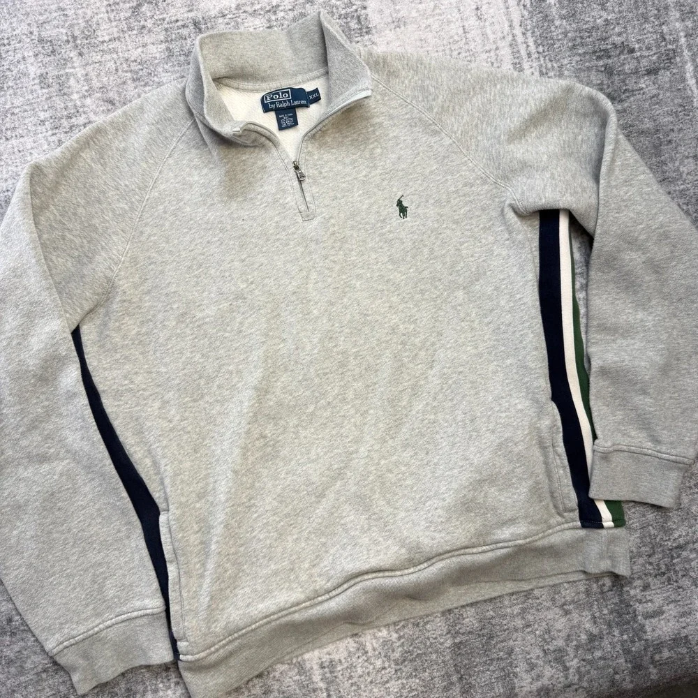 VTG Polo Ralph Lauren Sweatshirt Men 2XL Gray Side Stripes 1/4 Zip Track Sweater - Picture 1 of 12